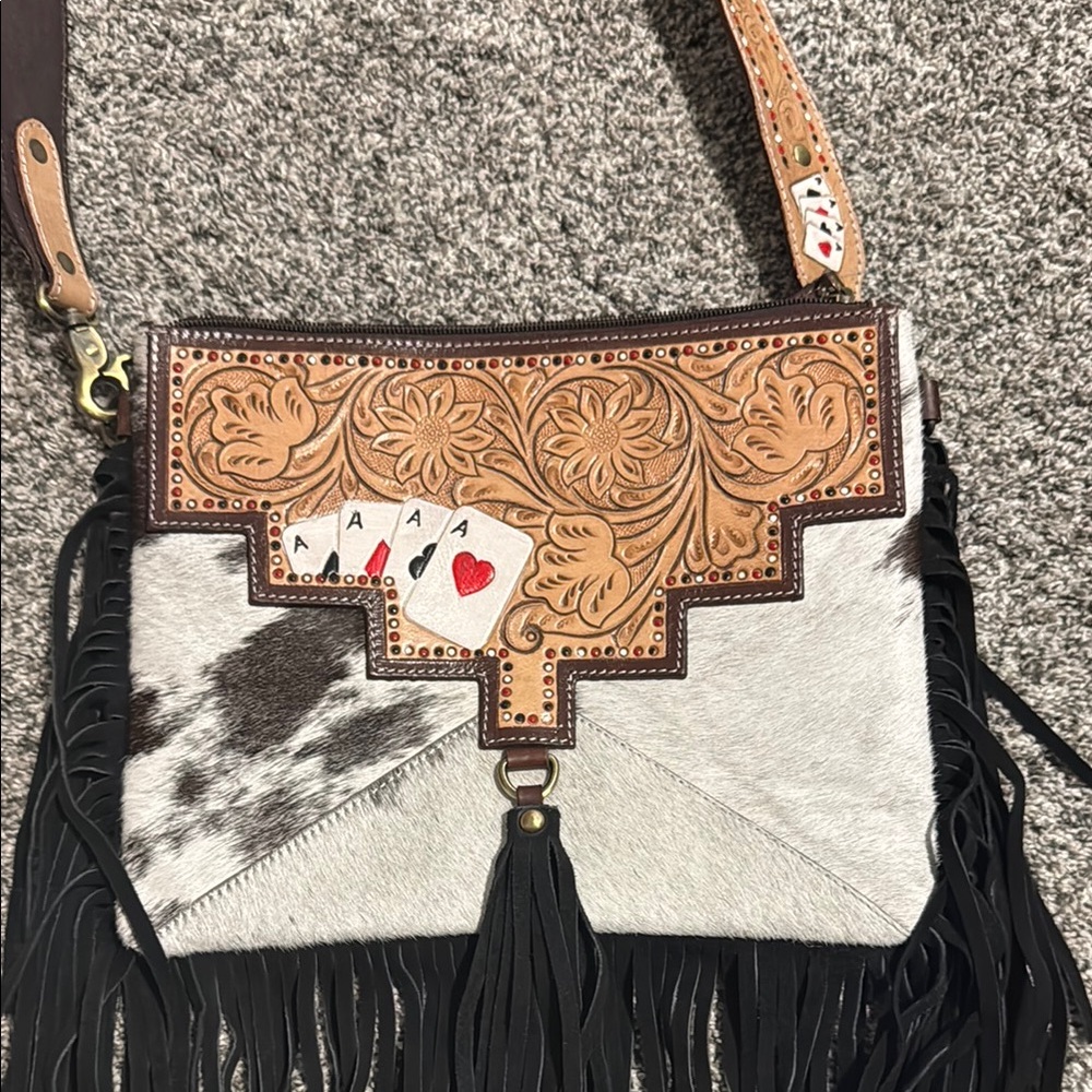 Fringed Leather and Cowhide Crossbody Bag